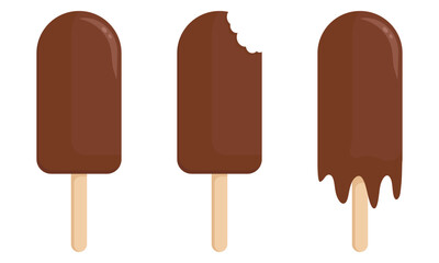 Chocolate ice cream bars. Set of untouched, bitten and melting ice cream bars isolated on white background. Vector illustration, flat style