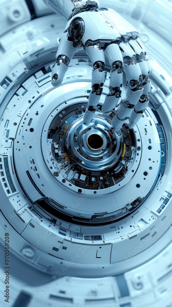 Poster a robot hand is reaching into a large, circular object. concept of curiosity and exploration, as the