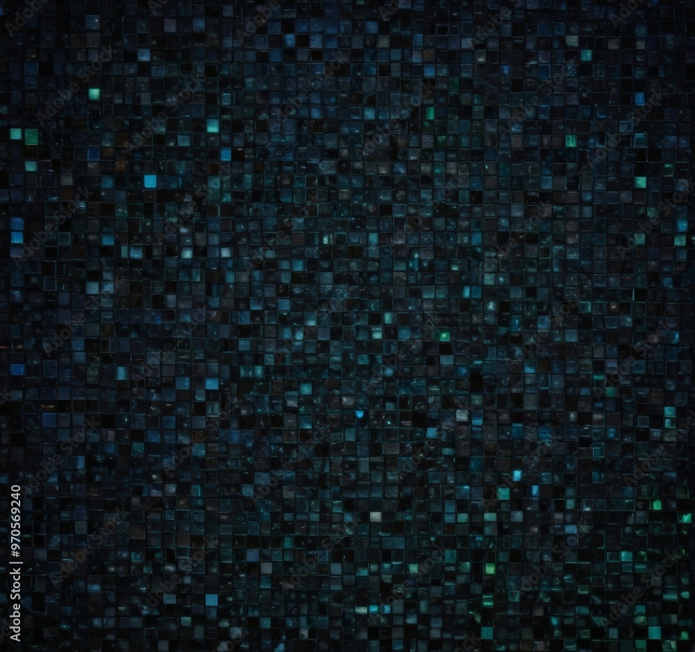 Poster a dark background composed of numerous small square tiles in various shades of blue and green, creating a visually striking and abstract pattern.