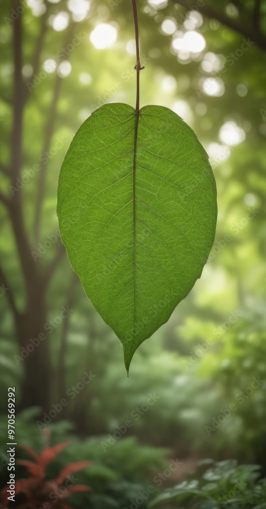 Aufkleber a large, vibrant green leaf hangs from a branch in a lush, verdant forest, with the sun's rays filte
