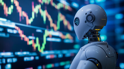 Fototapeta premium Robots can now trade stocks using artificial intelligence.They analyze financial charts and data to make investment decisions.This software can buy and sell stocks automatically, like a cyborg trader.