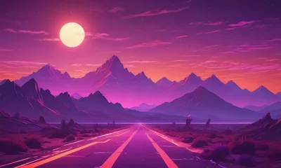 Fotobehang A surreal landscape with a road leading towards a glowing moon, surrounded by mountains and a vibrant sunset sky. © Bualong
