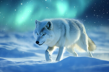 Obraz premium A majestic wolf walking through snowy landscape under northern lights