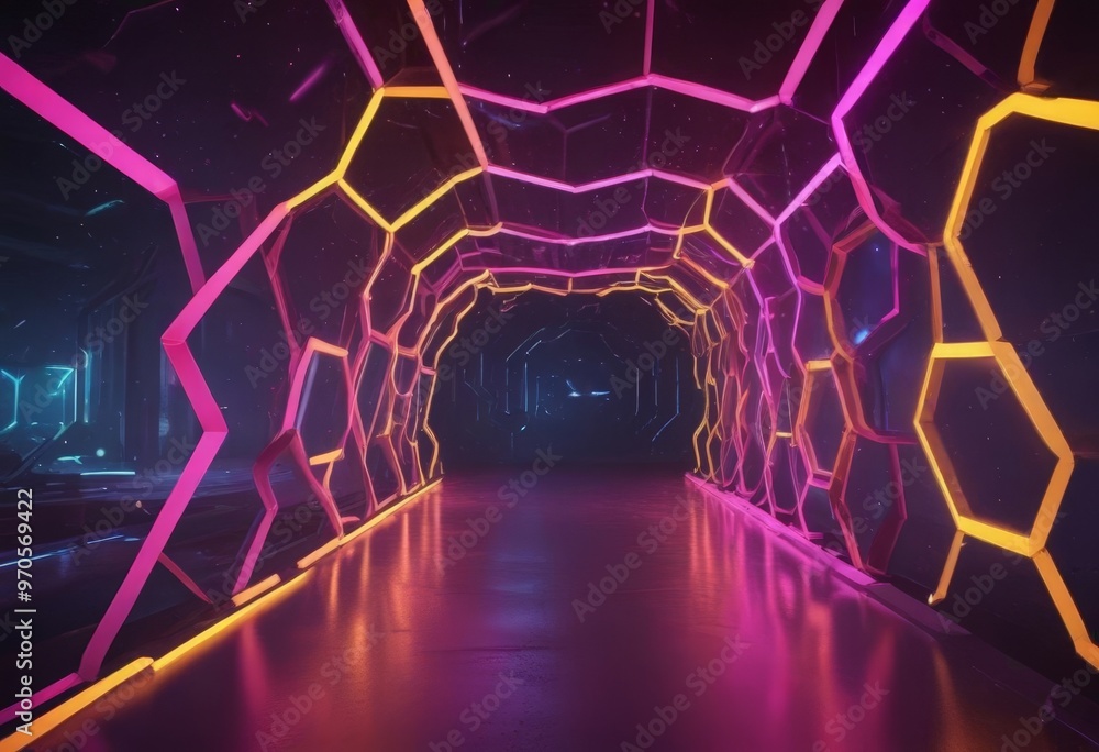 Poster A futuristic corridor with a hexagonal pattern of glowing pink and yellow lights, creating a tunnel-like effect.