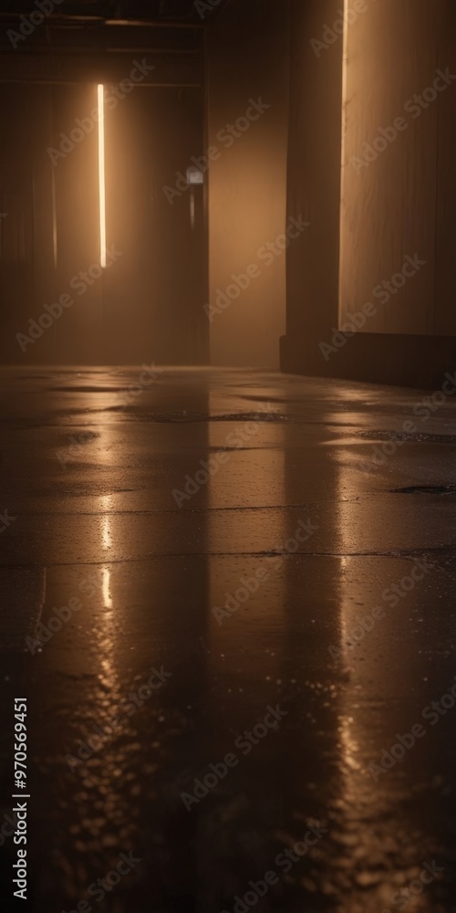 Poster a dimly lit room with a wet, reflective floor, and a single light source casting a long shadow on th
