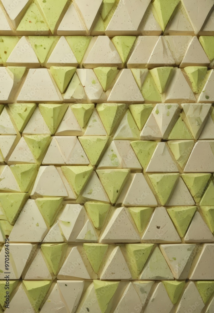 Poster A close-up view of a wall composed of numerous triangular tiles in various shades of green and beige, arranged in a repeating pattern.