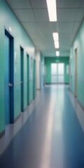 A long, dimly lit corridor with blue walls and a gray floor, featuring multiple doors and windows.
