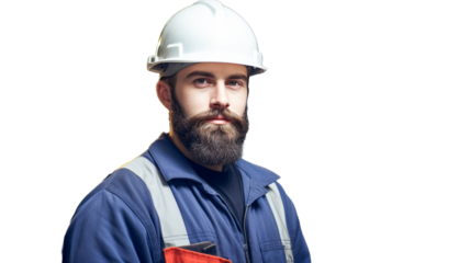 Portrait of Engineer Builder with helmet on transparent background.