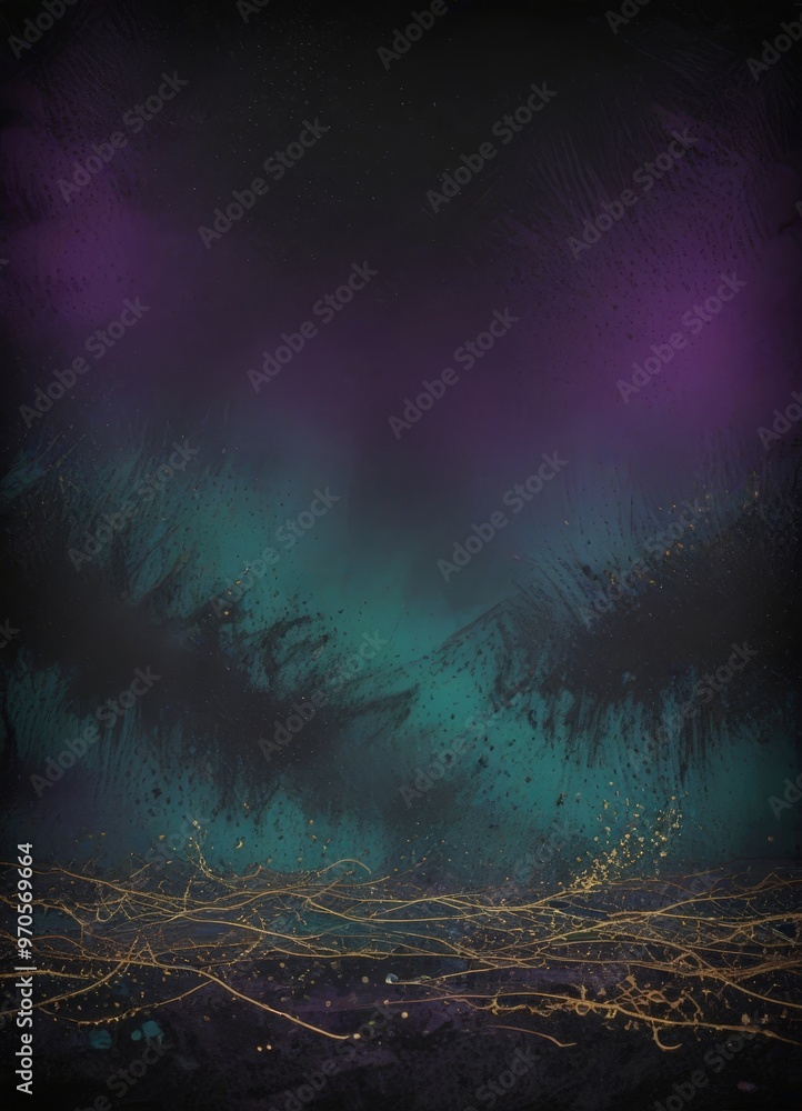 Poster a dark, moody scene with a gradient of purple and blue hues, a dark green background, and a textured