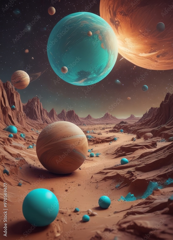 Poster the image presents a surreal, cosmic landscape with a large, blue planet dominating the center, surr