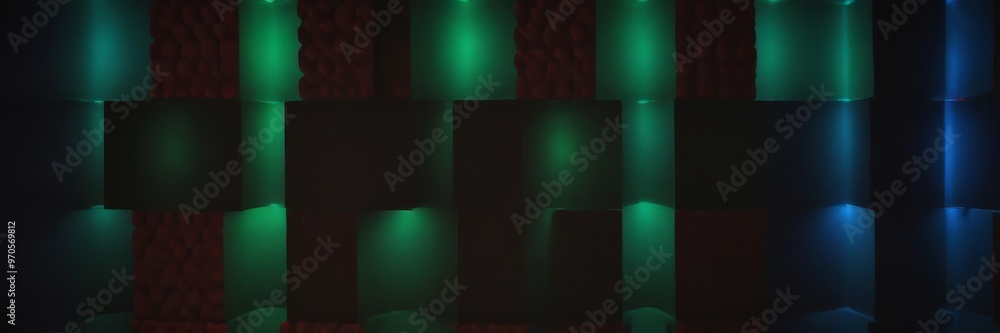 Aufkleber a grid of square-shaped objects with a gradient of green and blue lights shining through them, creating a visually striking and abstract pattern.