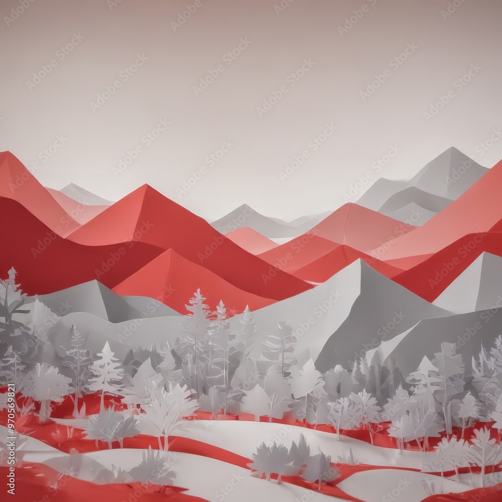 Poster a stylized landscape with mountains in red and gray tones, trees in white, and a winding path in red