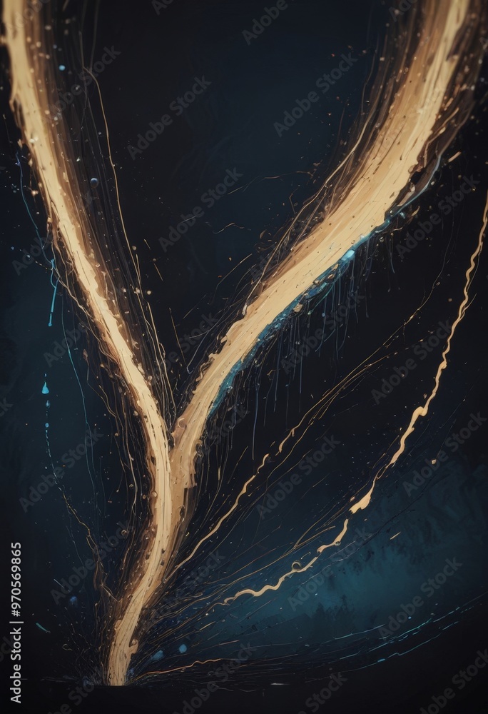 Poster a striking abstract composition featuring a dark background with a central, curved line of light that extends diagonally across the frame, creating a sense of movement
