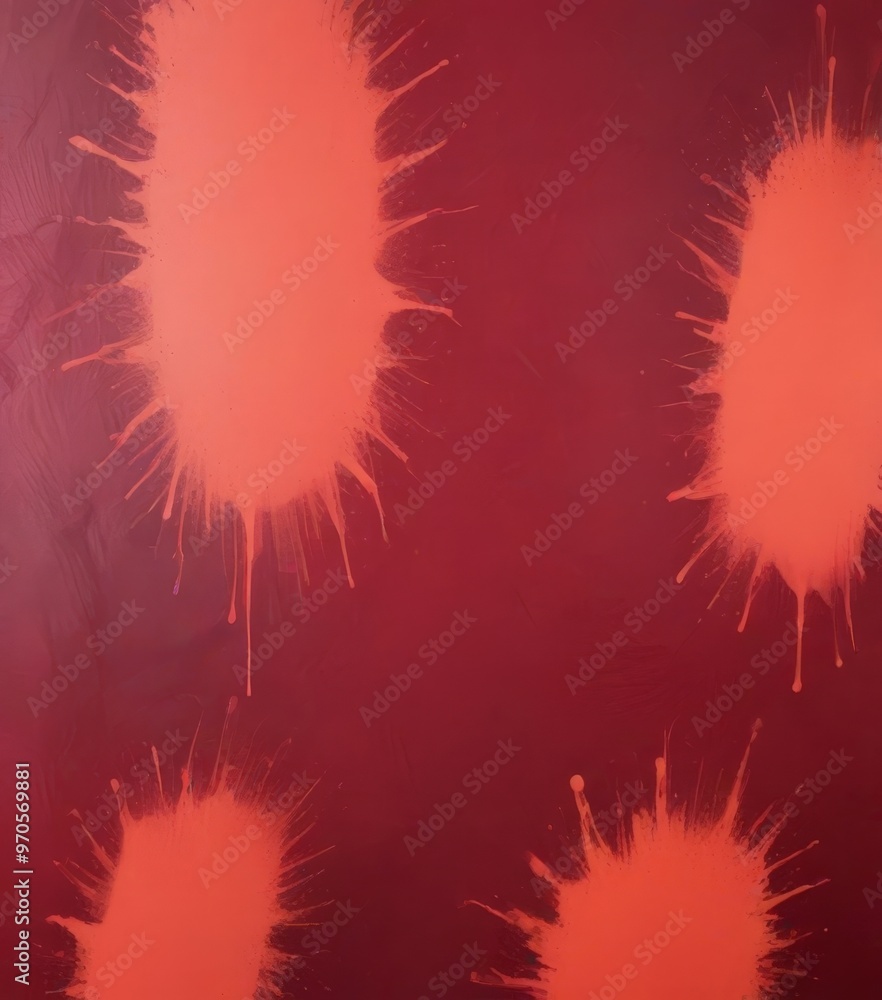 Poster abstract splatters of color against a dark red background, creating a dynamic and visually striking composition.