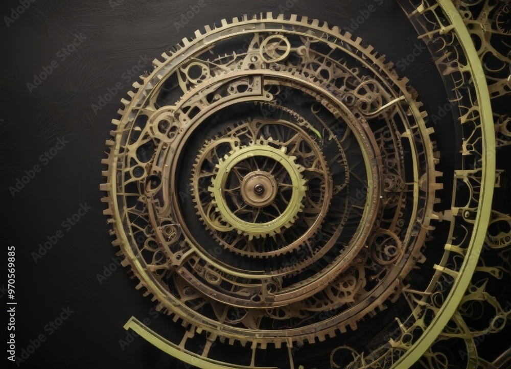 Aufkleber A close-up view of a complex mechanical clock mechanism, featuring intricate gears and cogs in shades of gold and black.