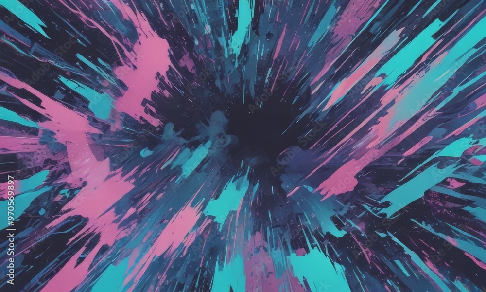 Poster a vibrant abstract composition with a central black area surrounded by radiating lines in shades of 