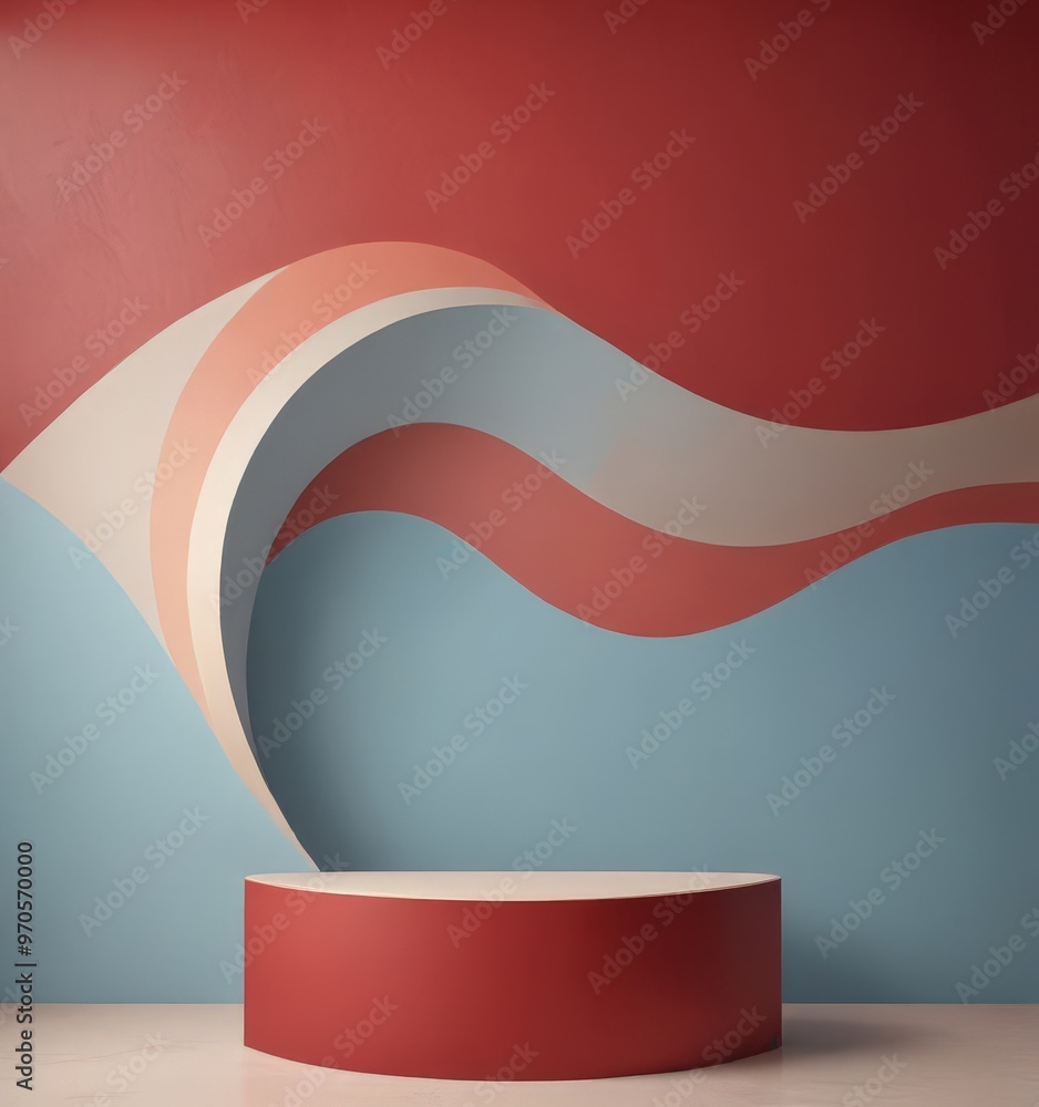 Poster A red podium stands against a backdrop of abstract red and blue wave-like shapes, creating a dynamic and visually striking composition.
