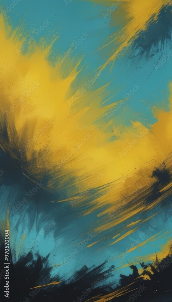 Poster the image is an abstract digital artwork featuring a vibrant mix of blue, yellow, and black colors, 