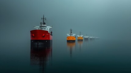 A line of cargo ships on the horizon, overcast sky