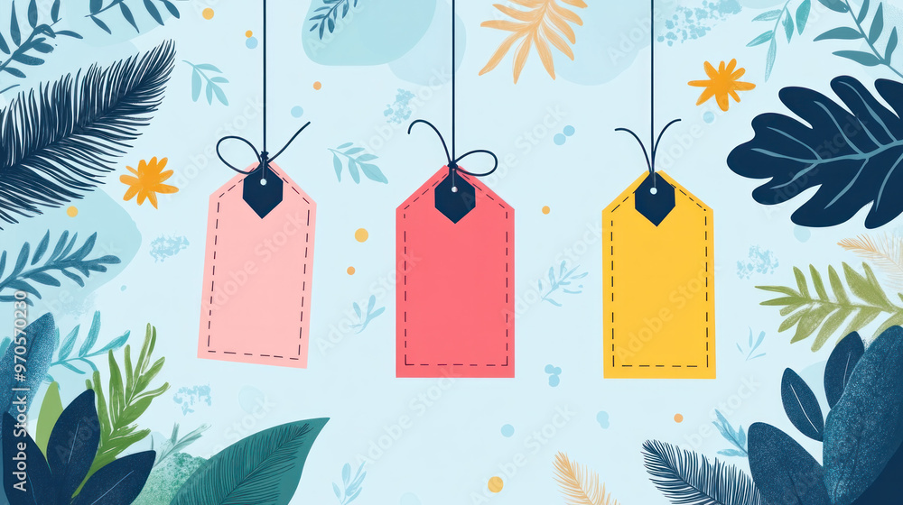 Poster a blue background with three pink tags hanging from a string. the tags are labeled with numbers 1, 2
