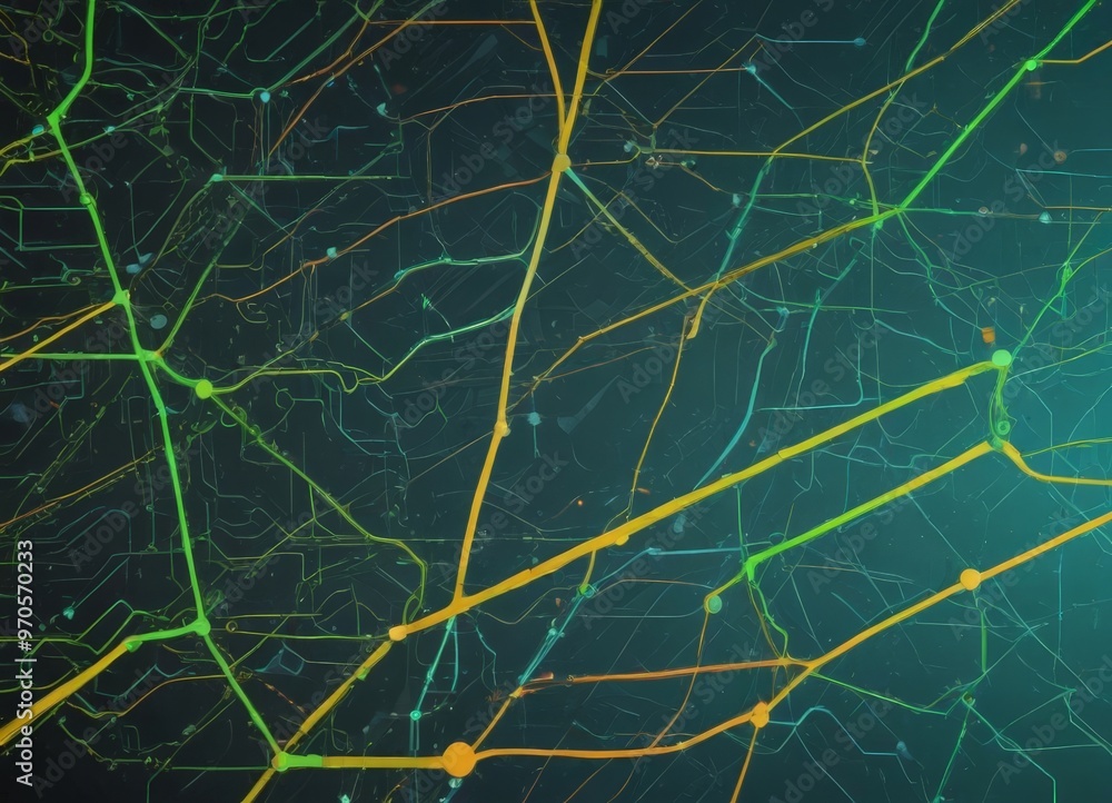 Aufkleber a complex network of interconnected lines and nodes, with a dark green background and a gradient of 