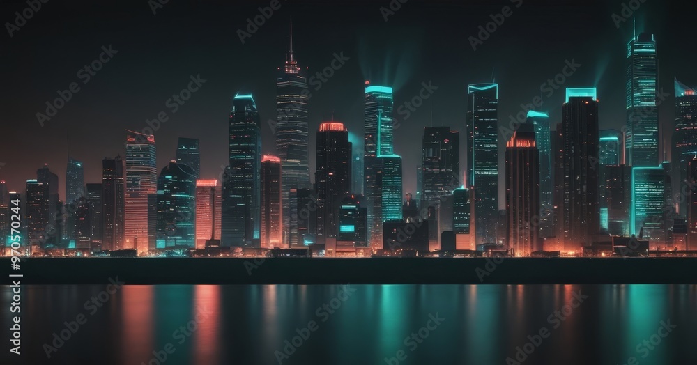 Poster a nighttime cityscape with a skyline of illuminated skyscrapers, their reflections visible in the wa