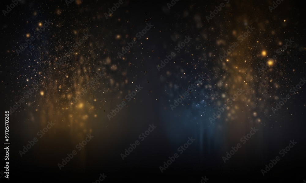 Poster a dark background with a gradient of gold and blue hues, creating a sense of depth and movement. Small, glittering particles are scattered throughout the frame, adding a touch