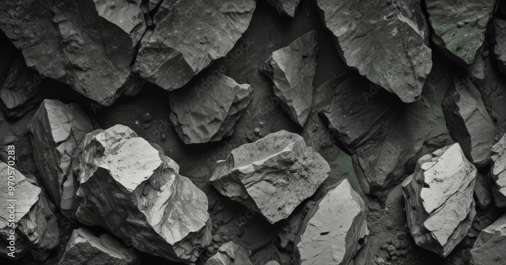 Poster A close-up black and white photo of a rocky surface, with variously shaped and sized rocks arranged in a pattern.