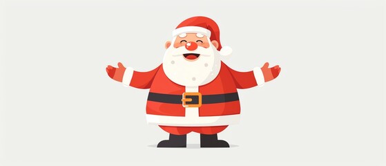 Cheerful Santa Claus in red suit with white trim, welcoming with open arms.
