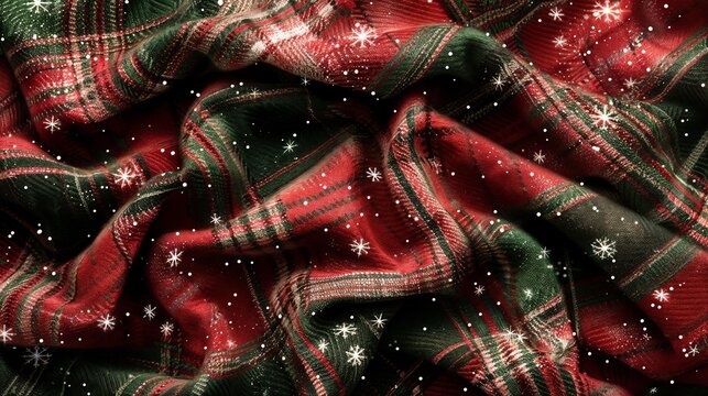 Cozy plaid fabric with red and green pattern and snowflakes for festive winter decoration