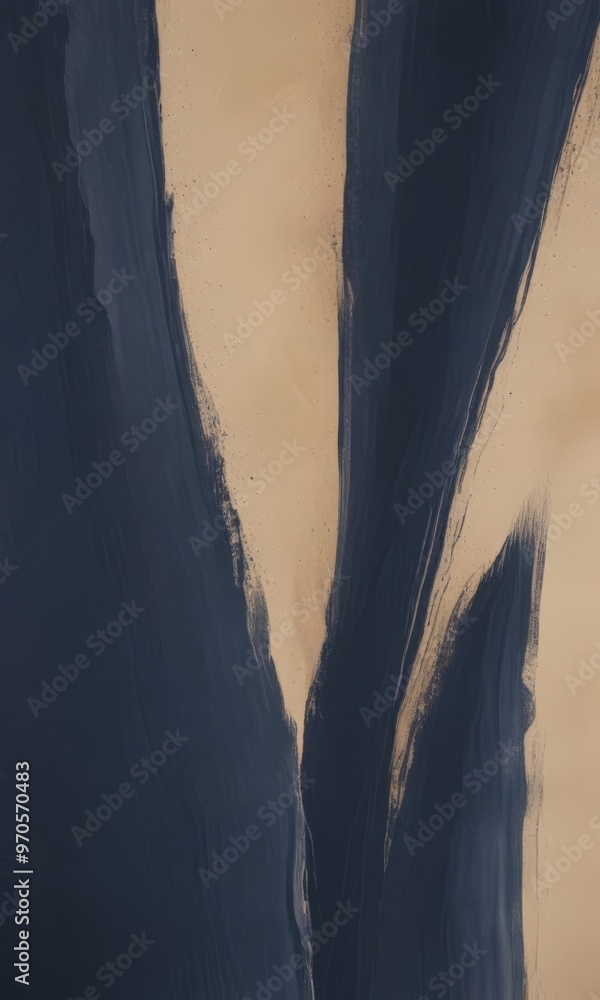 Poster abstract painting featuring dark blue and light beige brushstrokes, creating a sense of movement and