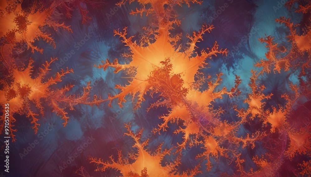 Aufkleber a fractal-like pattern of orange and blue hues, resembling a tree or a dense forest. The pattern is composed of numerous small branches and leaves, creating a sense of depth