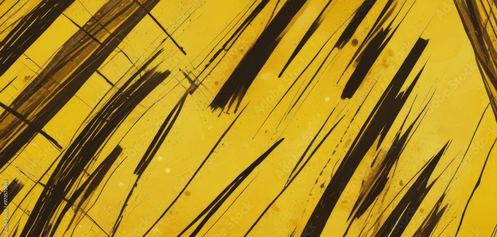 Aufkleber a close-up view of a yellow surface with black lines and splatters, creating an abstract and dynamic visual effect.