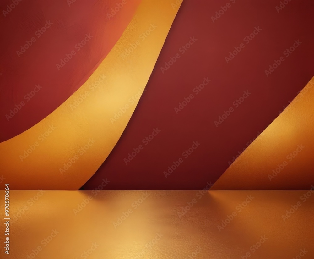 Poster a striking abstract composition of red and gold stripes, with a reflective surface in the foreground