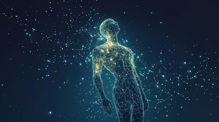 simplified image of the human body, made up of lines and points like a starry night sky.The body is broken down into geometric shapes, resembling stars with jagged edges.low poly vector illustration.