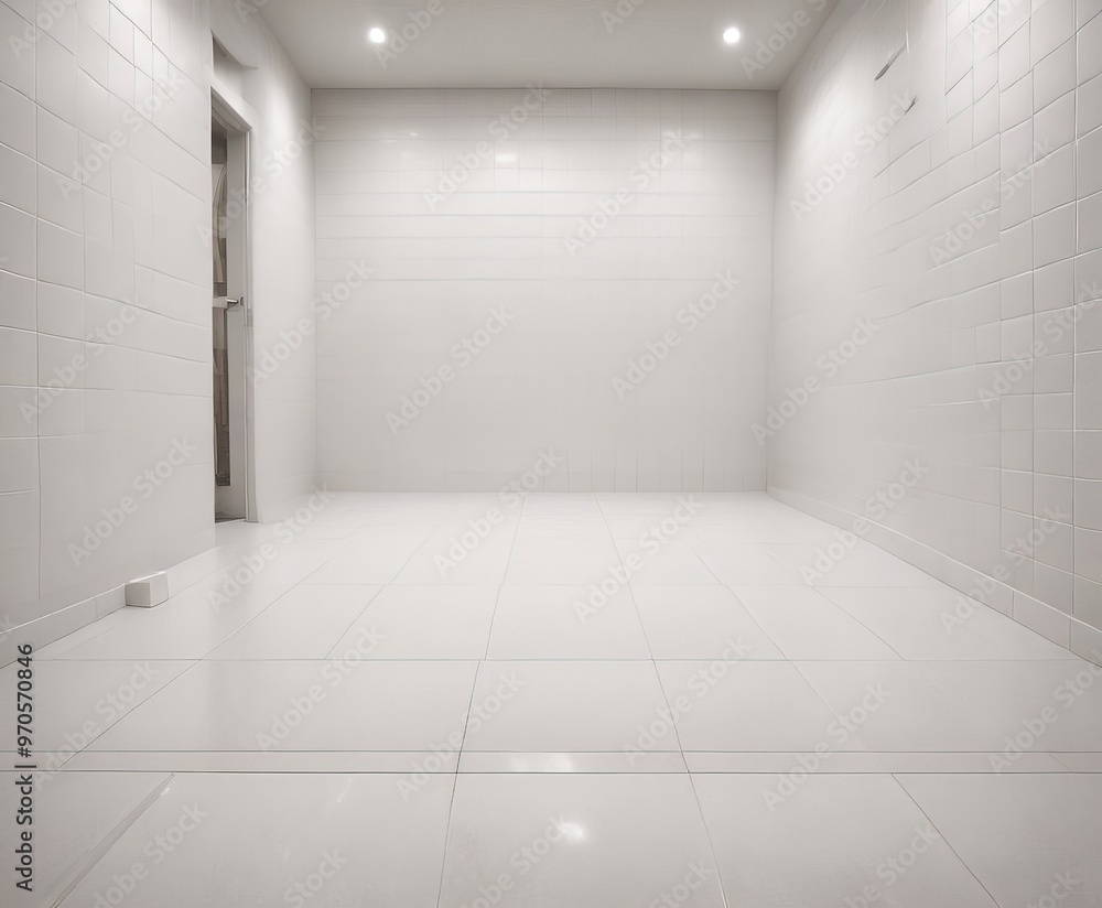Poster A white-tiled room with a door on the left and a small object on the floor, creating a minimalist and clean aesthetic.