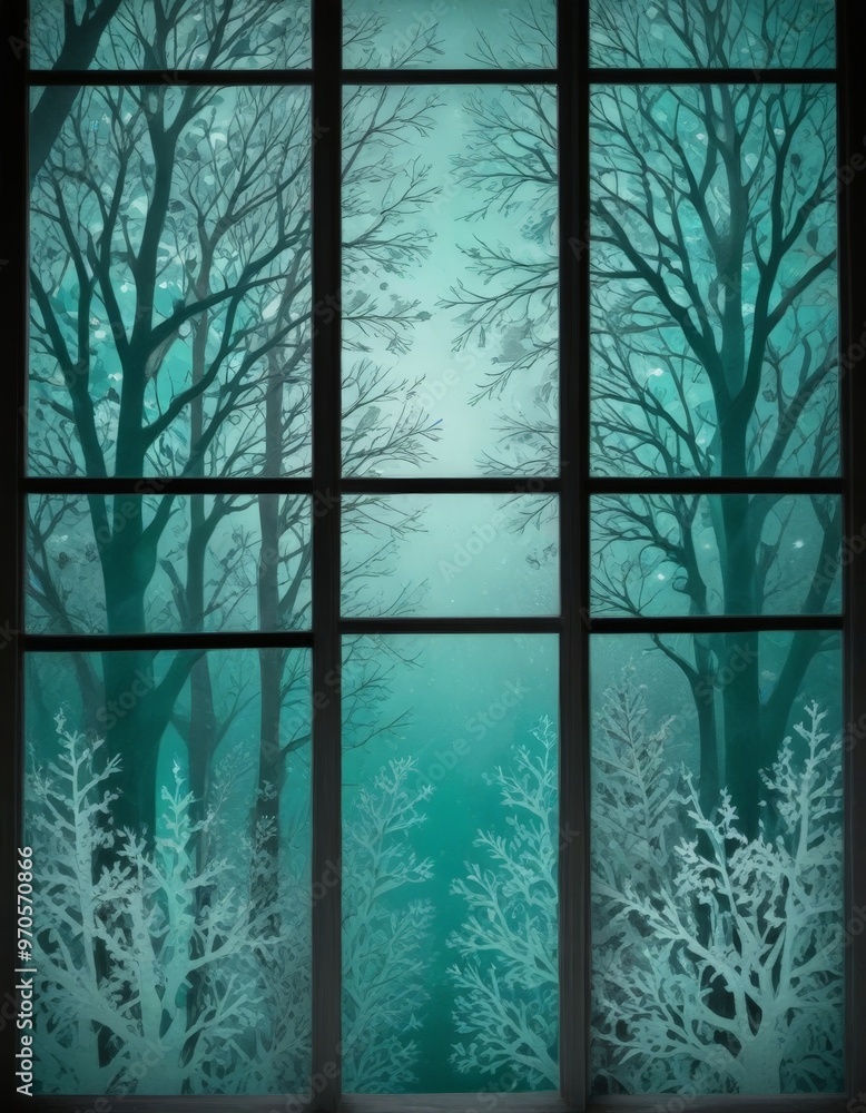 Poster A frosty winter scene is depicted through a window with a grid of nine panes, featuring a serene landscape of bare trees and snow-covered branches.