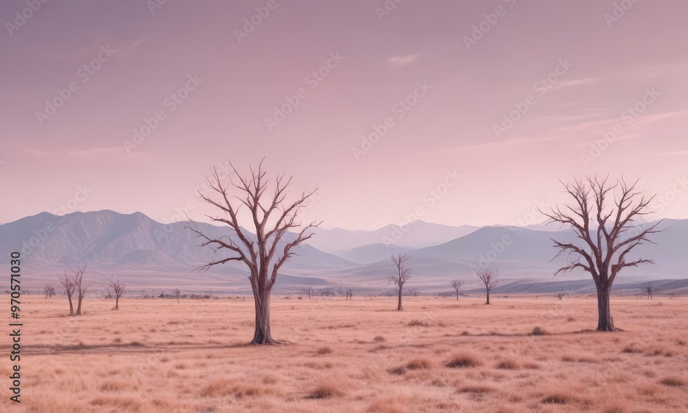 Poster a serene desert landscape at sunset, featuring a few bare trees against a backdrop of distant mounta