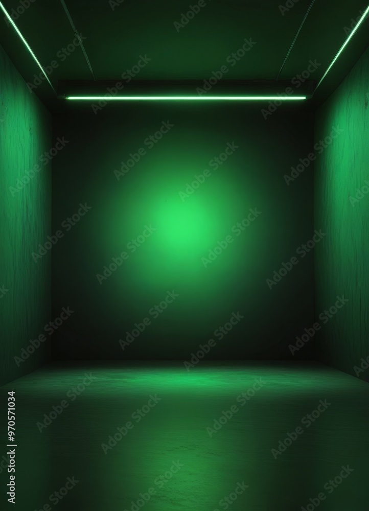 Poster a dimly lit, empty room with a green light source on the ceiling, casting a uniform glow across the space.