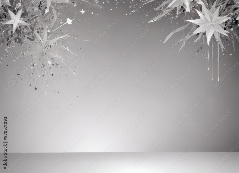 Poster A black and white image featuring a gradient background with white stars and confetti-like elements, creating a festive and celebratory atmosphere.
