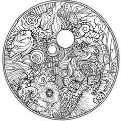 Hand drawn Doodle Difficult Circle Abstract Adult Coloring book page. Can be used as adult coloring book, coloring page, card, illustration vector