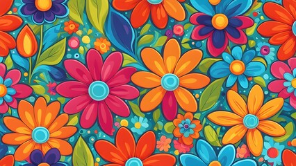 Naklejka premium Colorful floral seamless pattern with bright flowers and leaves on blue background.