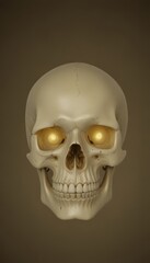 Fototapeta premium A 3D of a skull with golden eyes and a prominent nose, set against a dark brown background.
