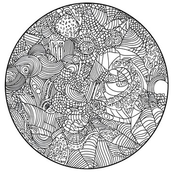 Hand drawn Doodle Difficult Circle Abstract Adult Coloring book page. Can be used as adult coloring book, coloring page, card, illustration vector