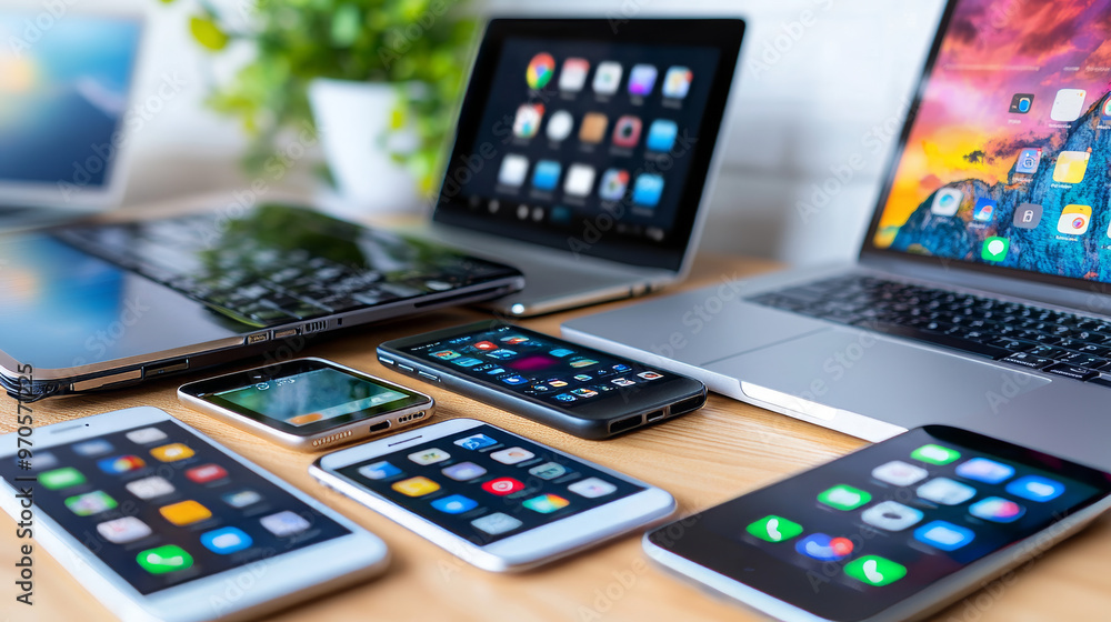 Poster smartphones, tablets, and laptops are shown in the picture. it shows how apps are made for mobile de