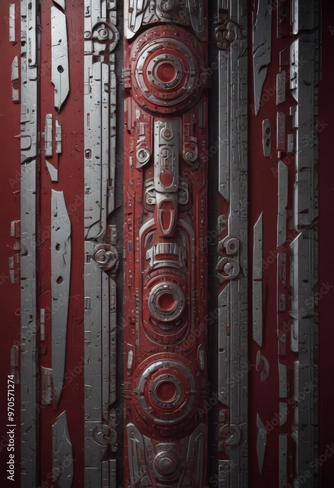 Poster a close-up view of a metallic, futuristic-looking object with a red and silver color scheme. The object has a circular design at the center, surrounded by various