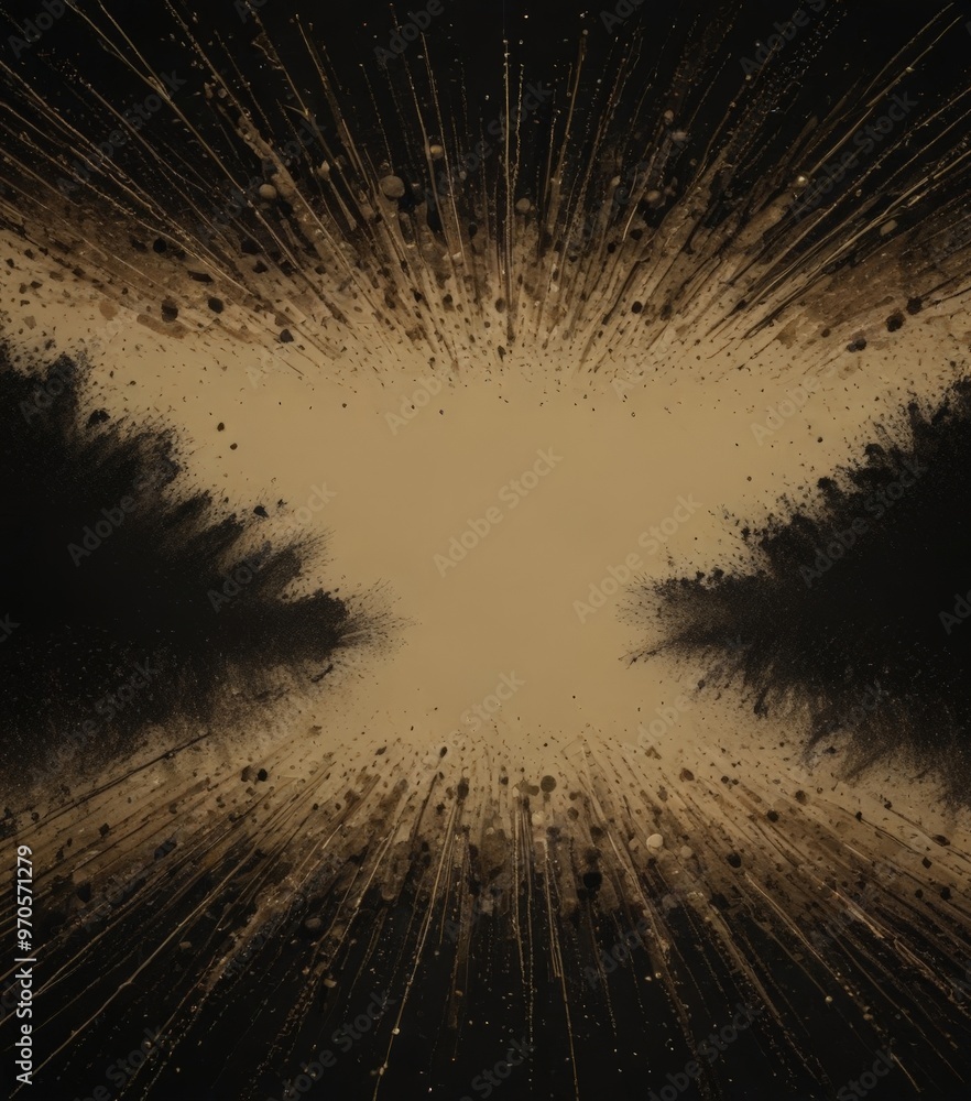 Poster a striking abstract composition with a central light source radiating outwards in a dynamic, explosive pattern. The background is a dark, textured area with a subtle golden