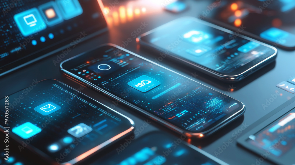 Poster smartphones, tablets, and laptops are shown in the picture. it shows how apps are made for mobile de