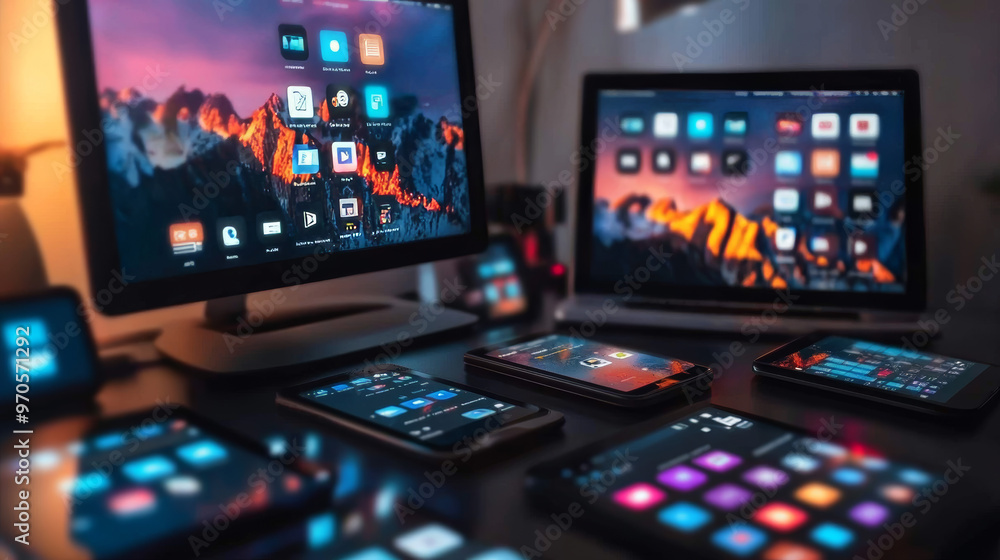 Poster smartphones, tablets, and laptops are shown in the picture. it shows how apps are made for mobile de
