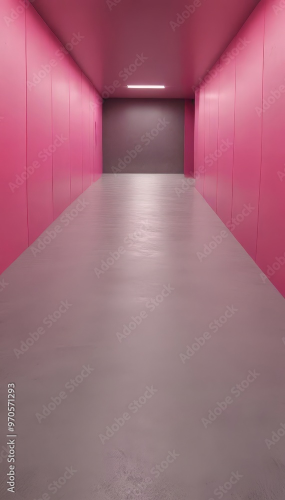 Poster A long, dimly lit corridor with pink walls on both sides, featuring a concrete floor and a single light source at the end.